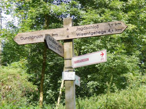 Ein Wegweiser aus Holz in einem Wald, auf dem unter anderem "Durchbruch", "Jagdschloss" und "Wisentgehege" mit Kilometerangabe ausgewiesen sind.