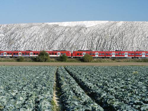 Felder, im Mittelgrund eine rote S-Bahn und im Hintergrund die Weiss leuchtende Kalihalde