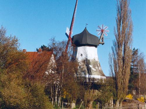 Weisse Windmühle vor blauem Himmel