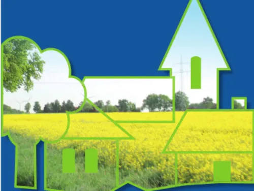 Symbolische Dorfzeichnung mit Rapsfeld