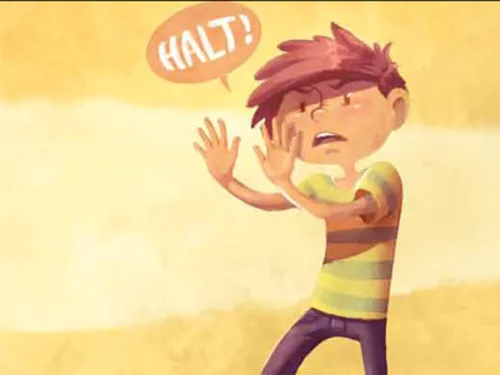 Zeichnung eines Jungen der "Halt" ruft und eine Abwehrhaltung einnimmt.