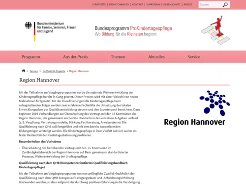 Vorschau auf die Seite mit Infos zur Region Hannover im Bundesprogramm ProKindertagespflege des Bundesministeriums f&uuml;r Familie, Senioren, Frauen und Jugend (BMSFSJ).
