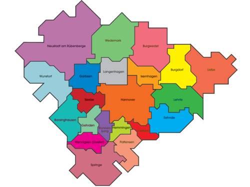 Die Karte zeigt das Gebiet der Region Hannover, das Gebiet jeder Kommune hat eine eigene Farbe.