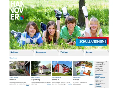 Vorschau auf den Internetauftritt www.landheime.de mit Informationen zu den Schuallandheimen der Region Hannover: Schullandheim Nieblum auf der Nordsee-Insel Föhr, Schullandheim Riepenburg bei Hameln und Schullandheim Torfhaus im Harz.