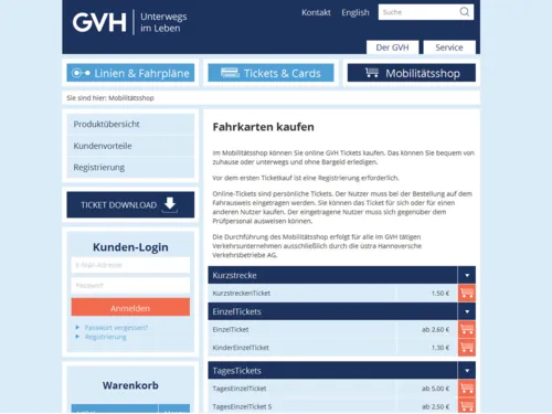 Screenshot einer Internetseite. In dem Mobilitätsshop können Fahrscheine gekauft werden.