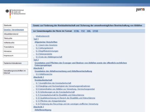 Vorschau auf die Internetseite zum Kreislaufwirtschaftsgesetz unter gesetze-im-internet.de