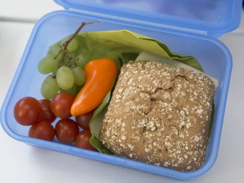 Brotdose mit Käsebrötchen, Tomaten und Weintrauben gefüllt 