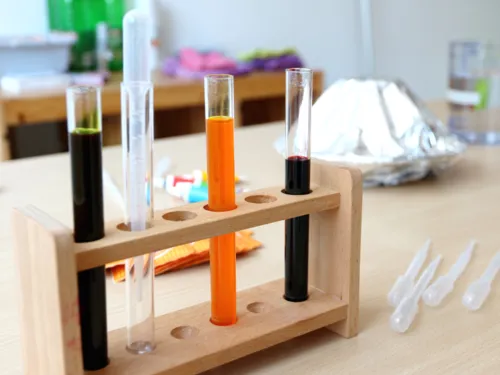 Schmale, hohe Glasröhrchen stehen nebeneinander in einem Holzständer. Darin sind unterschiedlich farbige Flüssigkeiten. Daneben liegen auf dem Tisch Plastikpipetten.