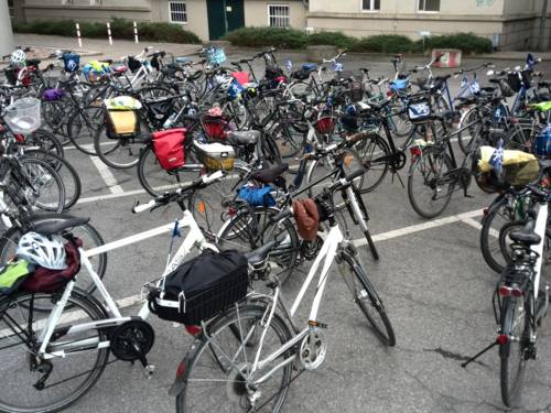 Viele Fahrräder in einem asphaltierten Hof stehend