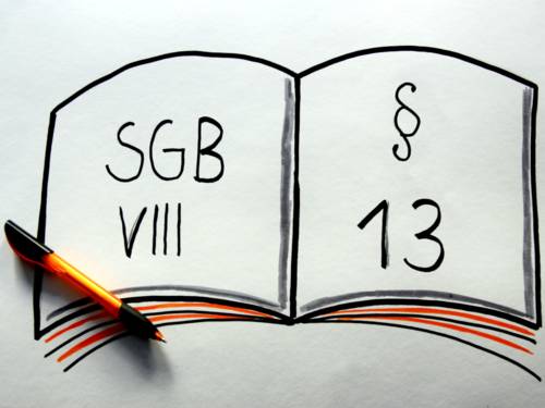 Zeichnung eines aufgeschlagenen Buches, links steht "SGB VIII" und rechts "§ 13"