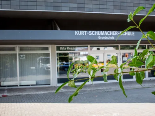 Fensterfront und Eingang der Kurt-Schumacher-Schule