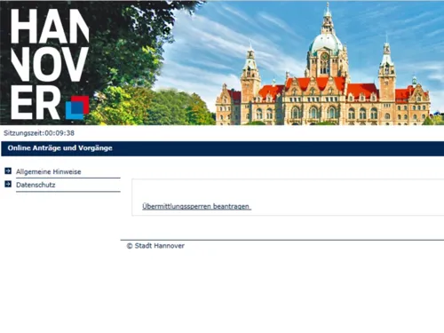 Bildschirmansicht der Online-Anwendung "Übermittlungssperre beantragen"