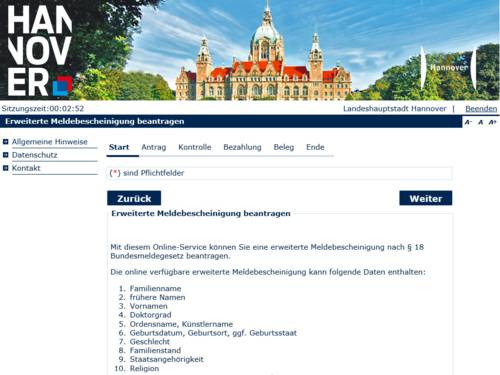 Startbildschirm der Onlineanwendung "Erweiterte Meldebescheinigung beantragen" der Landeshauptstadt Hannover
