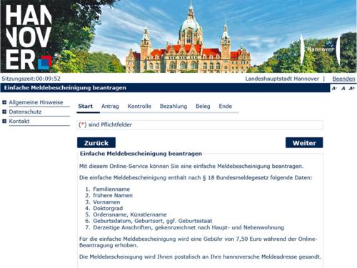 Startbildschirm der Onlineanwendung "Einfache Meldebescheinigung beantragen" der Landeshauptstadt Hannover