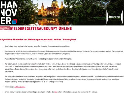 Internetanwendung "Melderegisterauskunft Online" der Landeshauptstadt