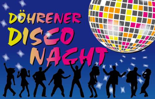 Eine bunte Spiegelkugel und der Schriftzug Döhrener Disco Nacht, darunter befinden sich tanzende Menschen.