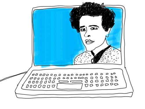 Eine Zeichnung, die ein Porträt Hannah Arendts auf einem Laptop-Bildschirm zeigt