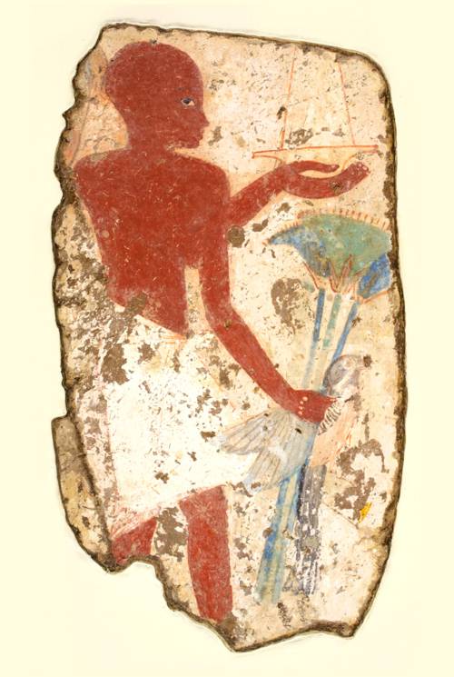 Priester mit Strauß von Papyruspflanzen, Malereifragment aus dem Grab Nr. 181 in Theben-West von Ipuki und Nebamun aus der Regierungszeit von Pharao Amenhotep III.