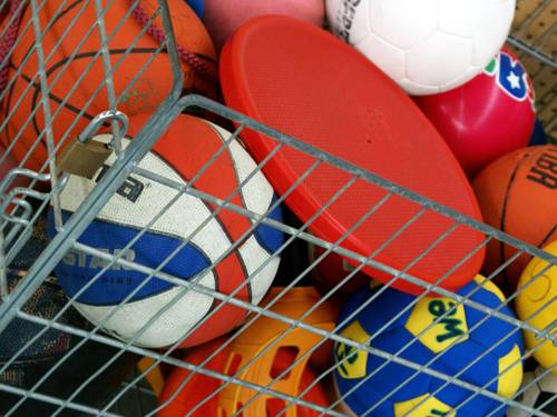 Ein Gitterkorb aus Metall mit einer Frisbee und verschiedenen Bällen, u.a. Basketbälle und Fußbälle