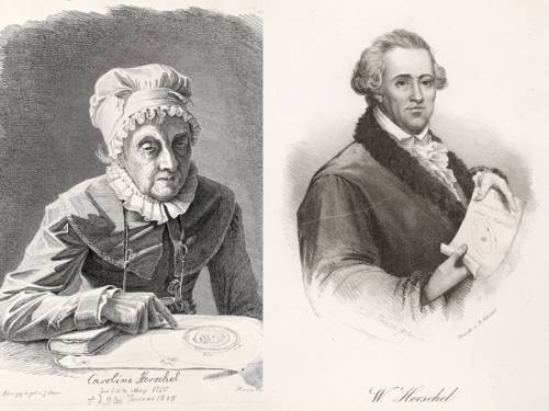Links ein Kupferstich mit Caroline Herschel im Alter von 97 Jahren, bei dem sie mit dem Finger auf eine Zeichnung mit Sternenkreisen zeigt; rechts eine Lithografie von Wilhelm Herschel, der ein Papier mit Sternenbahnen entrollt.