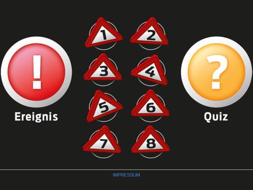 Startbildschirm des Online-Verkehrsmonsterspiels mit Ereignis-Hinweis, acht Spielstationen und dem Quizfragen-Symbol