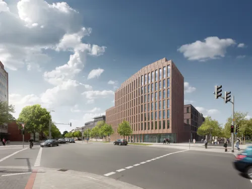 Animation Bebauung des Klagesmarktes, Blick auf das geplante Bürogebäude an der Otto-Brenner-Straße
