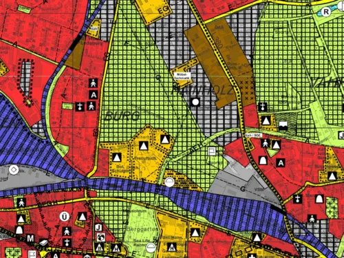 Der Ausschnitt aus dem Fl&auml;chennutzungsplan zeigt mit unterschiedlichen Farbmarkierungen die unterschiedliche Nutzung von Fl&auml;chen im Stadtgebiet Hannovers.