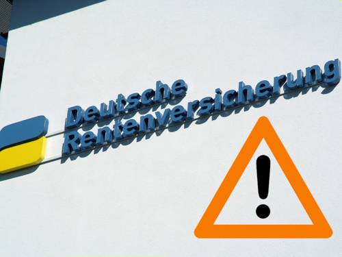 Das Logo der Deutschen Rentenversicherung mit einem Achtungs-Hinweisschild