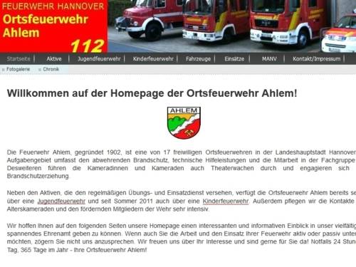 Screenshot der Homepage der Ortsfeuerwehr Ahlem