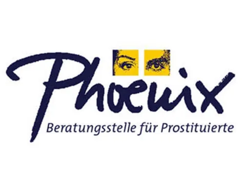 Zwei Augen - eines davon stark geschminkt - &uuml;ber dem Schriftzug Phoenix mit dem Hinweistext "Beratungsstelle f&uuml;r Prostituierte"
