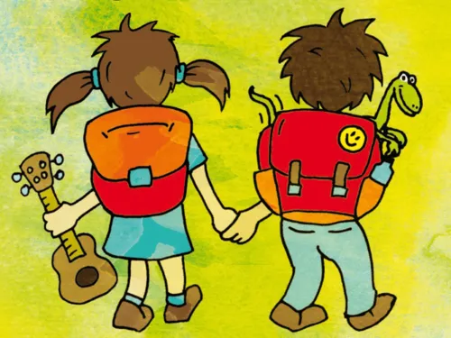 Ausschnitt aus dem Cover der Kinderlieder-CD "Der Rucksack ist gepackt", der eine Zeichnung von zwei Kindern mit Rucksack zeigt, die sich an den H&auml;nden halten.