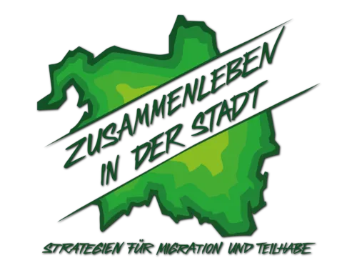 Logo: Umriss der Stadt mit dem Schriftzug "Zusammenleben in der Stadt" in der Mitte. Unten steht der Text "Strategien für Migration und Teilhabe"