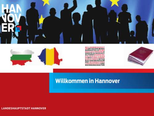 Bildausschnitt, auf dem Sterne und Silhouetten von Menschen erkennbar sind. Weiter unten sind Umrisse von EU-Ländern und die Abbildung eines Reisepasses. Auf einem Schriftzug im unteren Bereich steht "Willkommen in Hannover!"