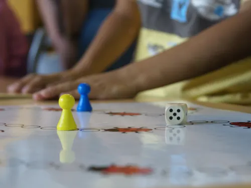 Nahaufnahme von einem kindgerechten Mensch-&Auml;rger-Dich-Nicht-Spiel mit Marienk&auml;fer-Aufdruck