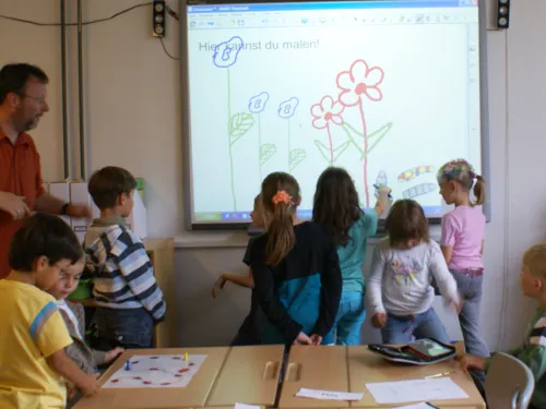 ErstklässlerInnen malen gemeinsam an einem Whiteboard
