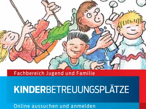 Zeichnung von spielenden Kindern, darunter die Worte "Fachbereich Jugend und Familie - Kinderbetreuungspl&auml;tze online aussuchen und anmelden"