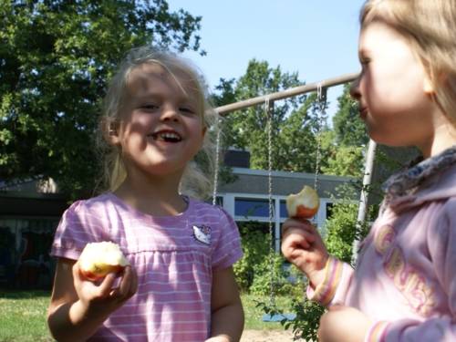 Zwei Mädchen essen selbstgepflückte Äpfel