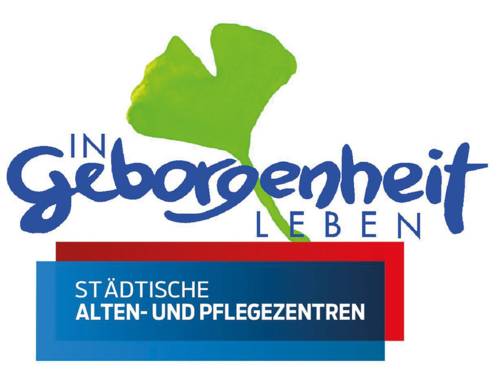 Das Logo der Städtischen Alten- und Pflegezentren mit einem Gingko-Blatt und dem Schriftzug "In Geborgenheit leben"