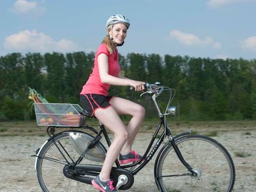 Radfahrerin, die im Fahrradkorb Obst und Gemüse transportiert