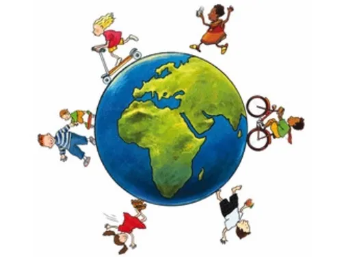 Das Logo der Kindermeilenkampagne zeigt Kinder, die sich mit Fahrrad, Roller und zu Fu&szlig; um die Weltkugel bewegen.