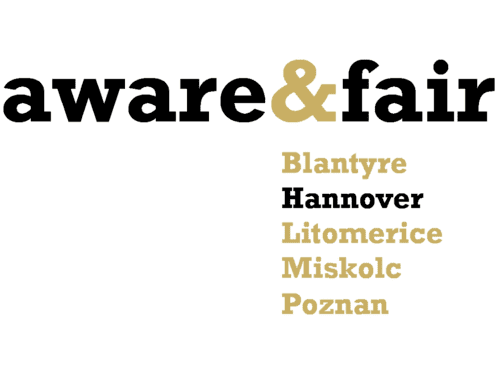 Logo von aware&fair mit den teilnehmenden Städten Blantyre, Hannover, Litomerice, Miskolc und Poznan