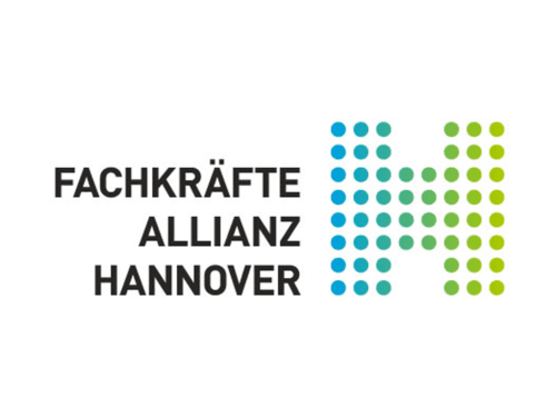 Logo mit einem großen H aus kleinen Punkten in Blau- und Grüntönen und dem Schirftzug "Fachkräfteallianz Hannover" links daneben