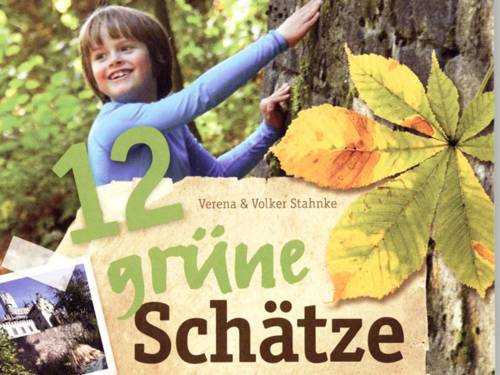 Auf dem Buchcover mit dem Titel "12 grüne Schätze" ist ein Kind zu sehen, das einen Baum berührt