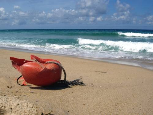 Angespülter oranger Plastikmüll an einem Strand