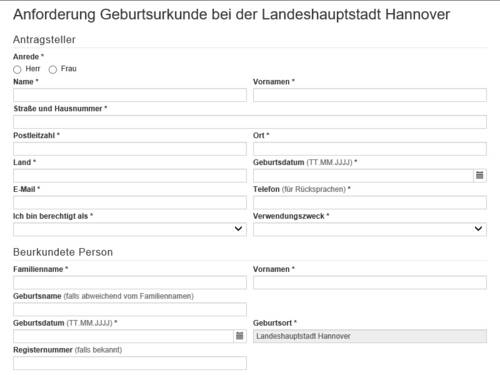 Vorschauansicht auf das Online-Formular "Anforderung einer Geburtsurkunde bei der Landeshauptstadt Hannover"
