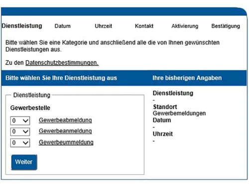 Ansicht des Terminbuchungs-Tools im Internet für Gewerbeabmeldung, Gewerbeanmeldung oder Gewerbeummeldung