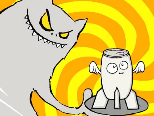 Cartoondarstellung: Ein Monster serviert einen Energy-Drink auf einem Tablett
