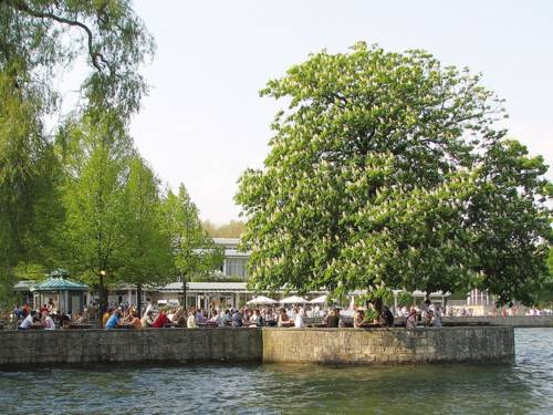 Menschen sitzen auf Bänken an Tischen an einem See