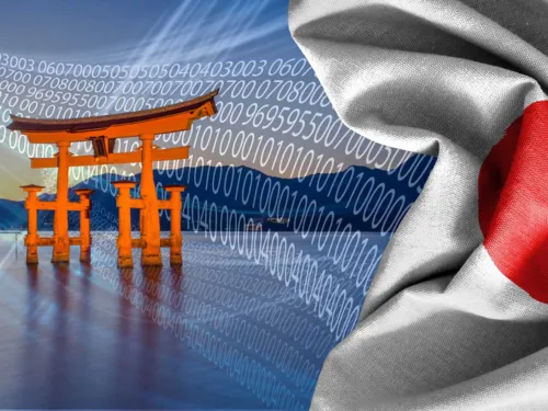 Japanischer Tempel und Flagge vor Computergrafik