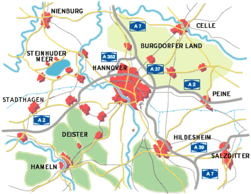Map with indicated cities and streets in the surrounding area of Hannover.